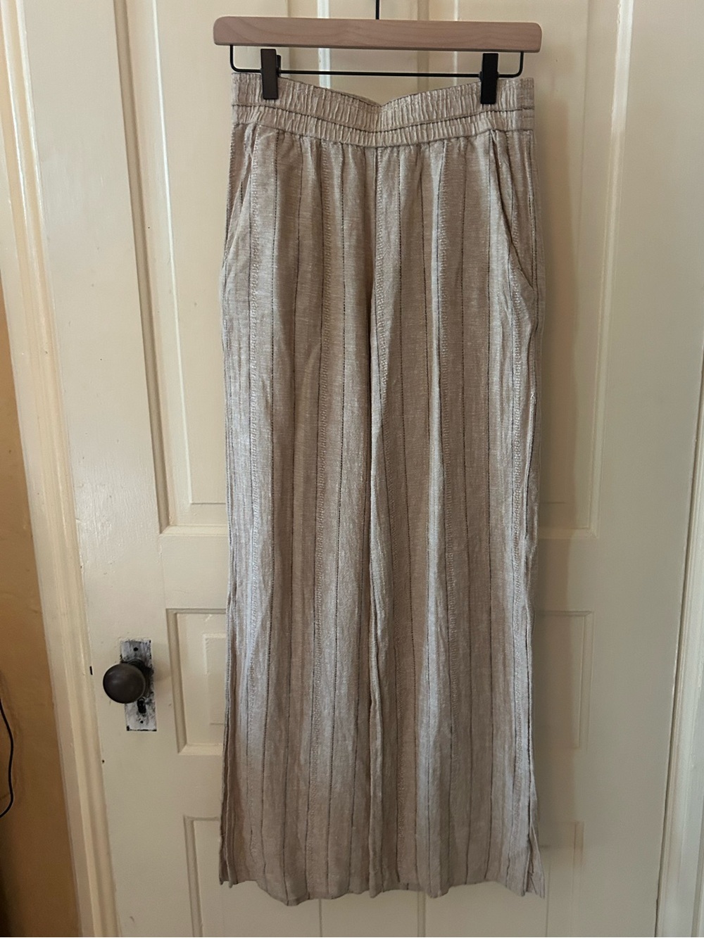 DREW Anthropologie Cream Striped Linen-Blend Wide Leg Pants S